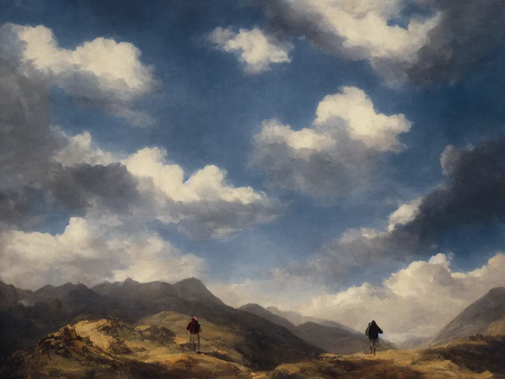 Prompt: A traveler wandering trough the mountains looking at the clouds, neo-romanticism