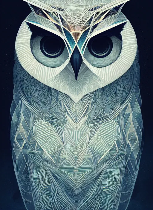 Image similar to portrait of a geometric owl, identical eyes, medium shot, illustration, full body made of white feathers, symmetrical, art stand, super detailed, cinematic lighting, and its detailed and intricate, gorgeous, by peter mohrbacher