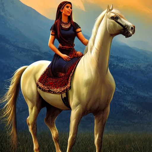Image similar to a beautiful young kurdish woman riding a beautiful white horse in the kurdish mountains art by martin ansin, highly detailed, 8 k, high resolution, award winning art, incredibly intricate, beautiful and symmetrical face