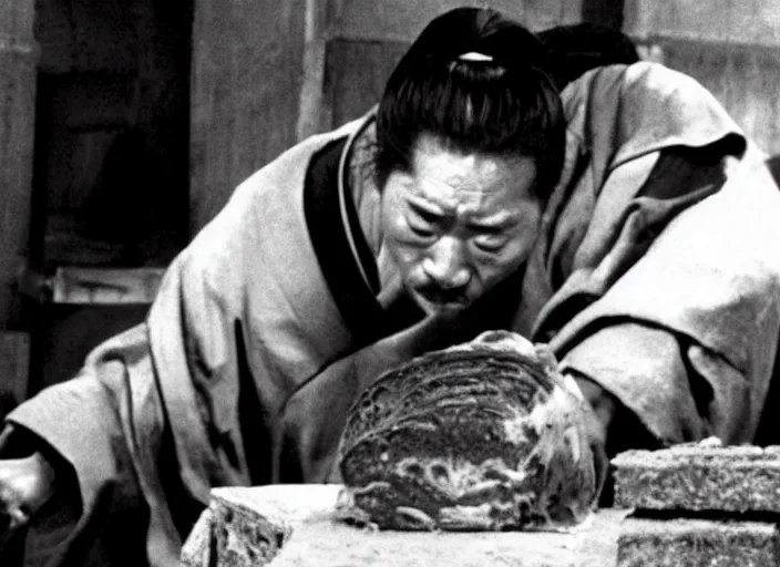 Image similar to a movie still of a samurai slicing through a loaf of bread, a movie by Akira Kurosawa