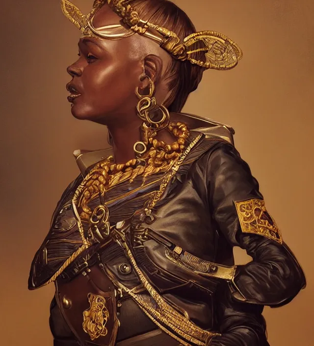 Image similar to portrait of an south african woman wearing a traditional nineteenth century south african empire military uniform, metal shoulder pauldrons, intricate, highly detailed, digital painting, artstation, concept art, sharp focus, cinematic lighting, illustration, art by artgerm and greg rutkowski, alphonse mucha, cgsociety