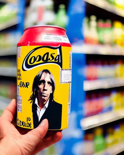 Image similar to a hand holding a soda can with iggy pop's face on the label, inside a supermarket