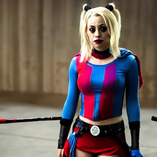 Image similar to A still of Kaley Cuoco as Harley Quinn