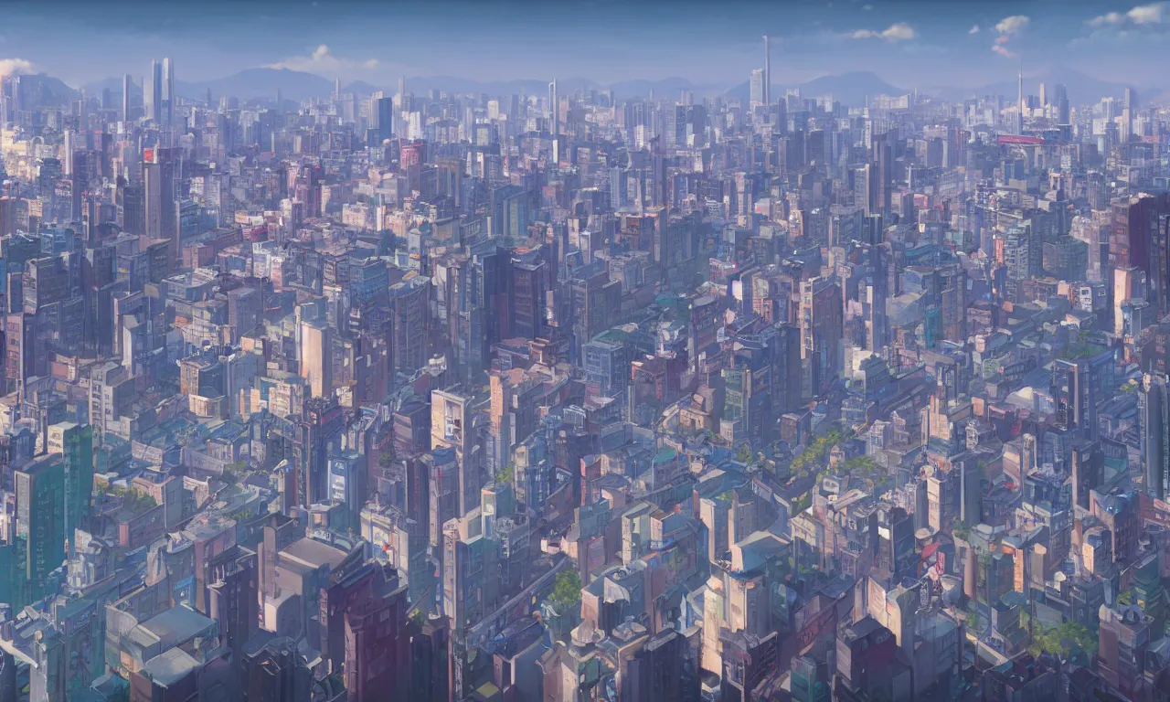 Prompt: A screenshot of a city view of seoul in the scene in the Makoto Shinkai anime film Kimi no na wa, pretty rim highlights and specular, art by Tom Bagshaw