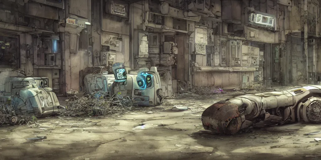 Prompt: a broken robot lying in a deserted junk town, watercolor, ghost in the shell, soft bloom lighting, paper texture, bright sun bleached ground, vending machine, robot lurks in the background, koji morimoto, katsuya terada, genius party, animatronic, black smoke, pale, beige sky pencil marks, hd, 4k, remaster, dynamic camera angle, fish eye, dynamic scene