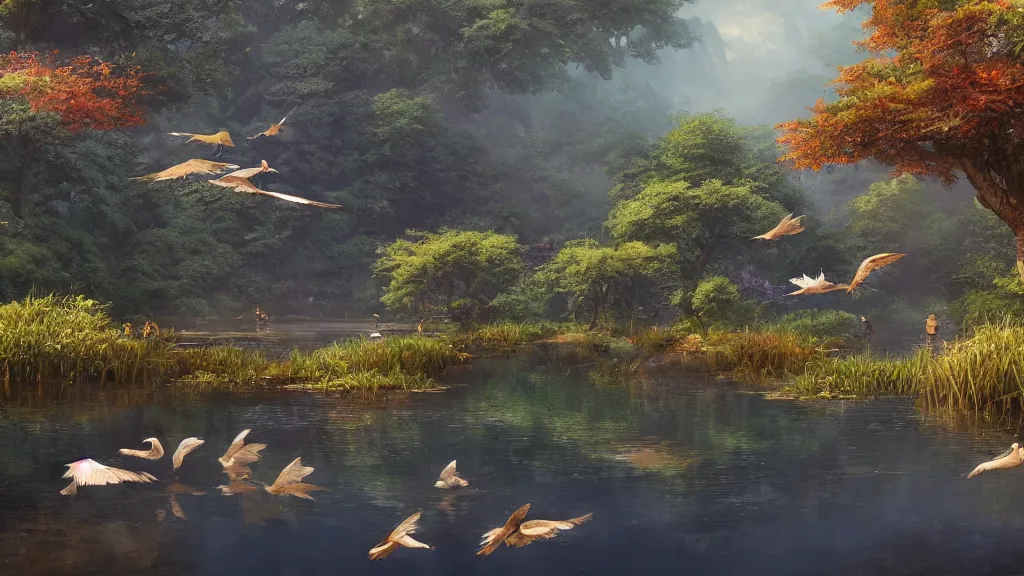 Image similar to a ultradetailed beautiful matte painting of a peaceful pond with a clear water as a large group of amazingly birds taking flight, dramatic lighting, dynamic lighting, cinematic lighting, by krenz cushart and artgerm, unreal engine, featured on artstation