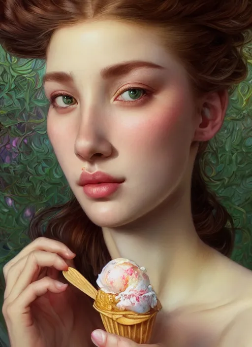 Image similar to a photorealistic detailed portrait of a beautiful girl eating ice cream, detailed, intricate, elegant, highly detailed, digital painting, artstation, concept art, smooth, sharp focus, illustration, art by hana yata, artem demura, alphonse mucha, octane render, unreal engine, 8 k