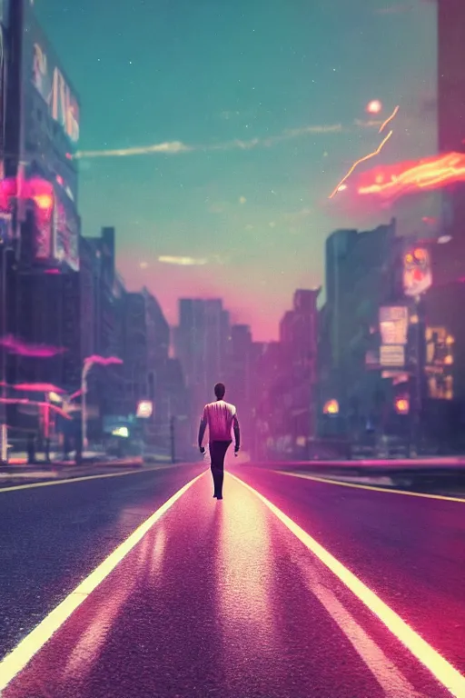 Image similar to Ryan Gosling walking down the road in a horizont, retrowave sun, retrowave landscape, retrowave style, realistic materials, attention to detail, detailed depth of field, digital art, quality composition