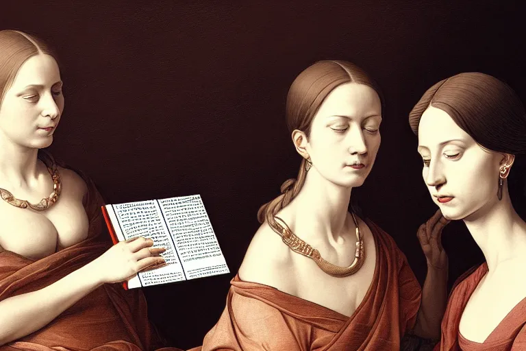 Image similar to portrait of two wise and very beautiful women reviewing some texts, art by tiziano, intricate, elegant, highly detailed, smooth, sharp focus, artstation