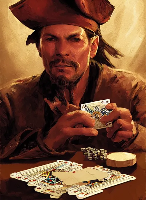 Prompt: a portrait of a pirate playing cards by Craig Mullins