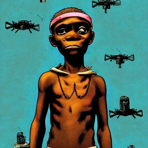 Prompt: an african boy from the movie tank girl, by jamie hewlett and sawoozer and geof darrow and roger ballen,