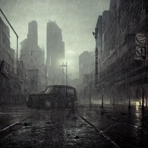 Image similar to A gunfight in a gritty nocturne city, dark city ruins, fog, dark clouds, rain, poverty realistic 4k octane beautifully detailed render, 4k post-processing, highly detailed, intricate complexity, epic composition, magical atmosphere, cinematic lighting, masterpiece, ultra hd