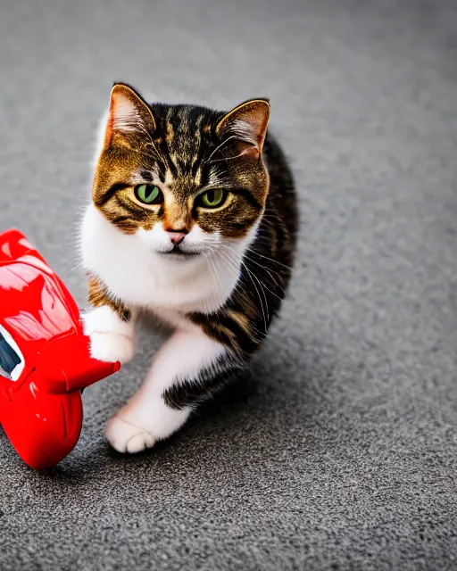 Image similar to high quality presentation photo of a cat biting a toy car, photography 4k, f1.8 anamorphic, bokeh, 4k, Canon, Nikon