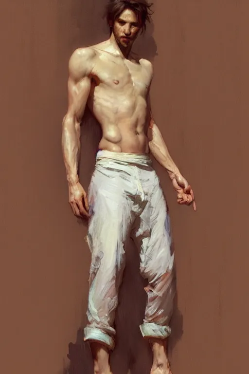 Image similar to full figure portrait of a single beautiful young fit man, large pants, bare feet, by greg rutkowski and alphonse mucha, d & d character, modern interior room background, highly detailed portrait, digital painting, artstation, concept art, smooth, sharp focus ilustration, artstation hq