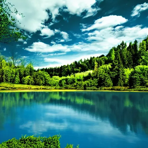 Image similar to wallpaper, beautiful scenery, painting, blue and green, dreamy sky, near a lake