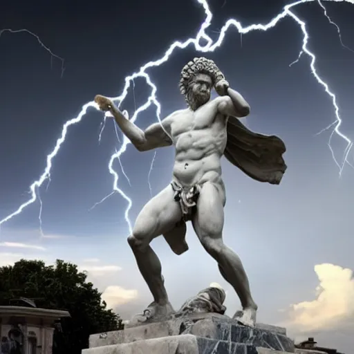 Prompt: a great marble statue of zeus throwing a lightning bolt at a city