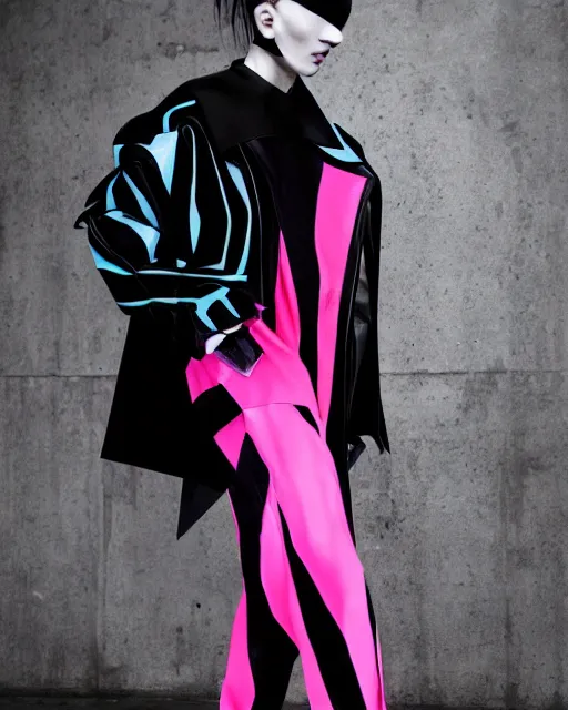 Image similar to a fashion photograph for Balenciaga's cyberpunk Bladerunner 2049 fashion line, dazzle camouflage, dayglo pink, dayglo blue, pearlescent white, raven black