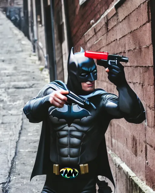 Image similar to happy batman firing super soaker water gun at playful criminals in an alleyway, everyone having fun, product advertisement, photography