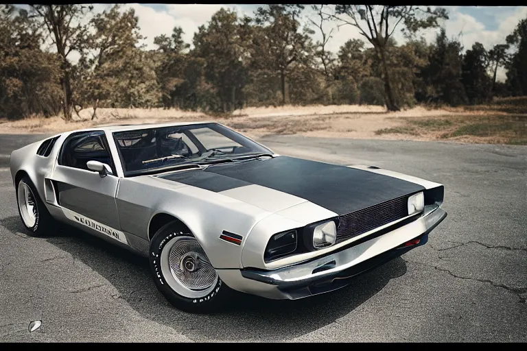 Image similar to designed by john delorean stylized poser of a single 1 9 6 9 fastback mustang ( mk 2 ford gt 4 0 ) delorean, large led lights, ektachrome photograph, volumetric lighting, f 8 aperture, cinematic eastman 5 3 8 4 film