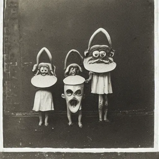 Image similar to portrait of children wearing santa masks, photograph, style of atget, 1 9 1 0, creepy, dark