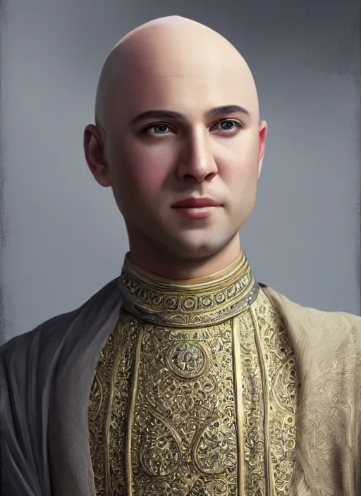 Prompt: bald young man in arabic noble dress, conleth hill face, shaved face, highly detailed oil painting, masterpiece protrait, top lighting, realistic shaded, 8 k realistic, hyper detailed, digital painting fantasy character portrait