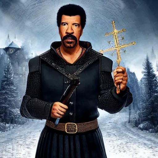 Image similar to lionel richie singing all night, long in a medieval town in the style of the witcher three game