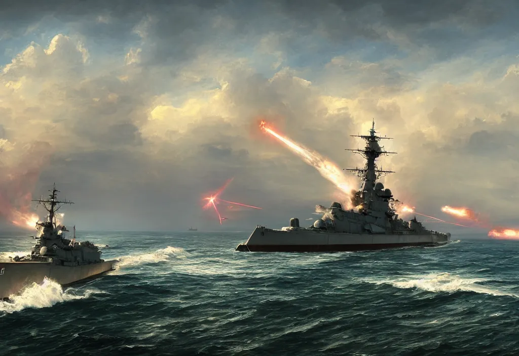 Prompt: the wwii battleship USS iowa firing its main guns at an island fortress in the style of thomas cole coastal landscape. dramatic concept art, 4k, high detail, volumetric lighting