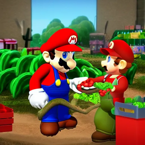 Prompt: game character mario selling vegetables on a farmer's market, morning