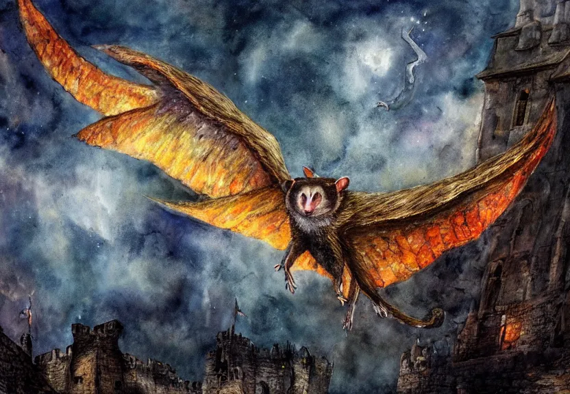 Image similar to the legendary fire winged possum is flying over a medieval castle under the dark starred sky, dark fantasy, watercolor, dreaming illusion, highly detailed, 4k, trending on Artstation, award-winning