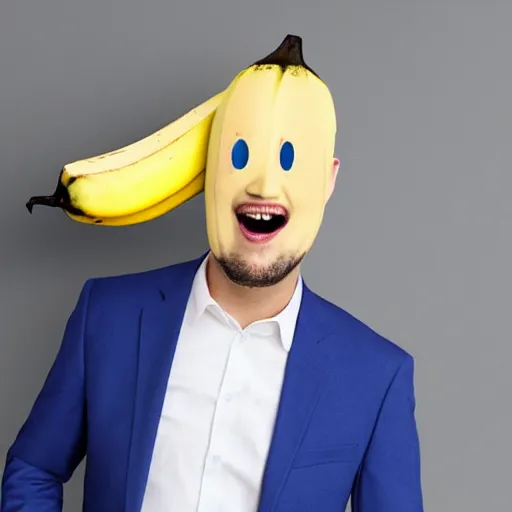 Image similar to banana head, a man wearing a suit banana head