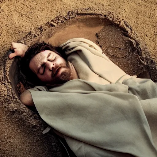 Image similar to close - up of a priest sleeping in a large clay pot, foggy, sun rays, cinematic shot, photo still from movie by ari aster