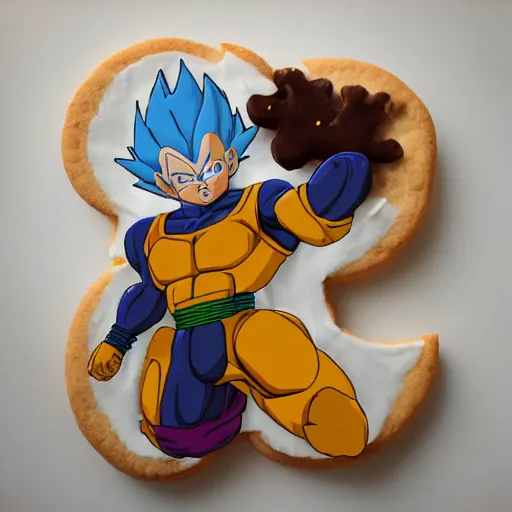 Image similar to Vegeta made from cookie, baking artwork, extremely detailed, 8k, trending on Artstation