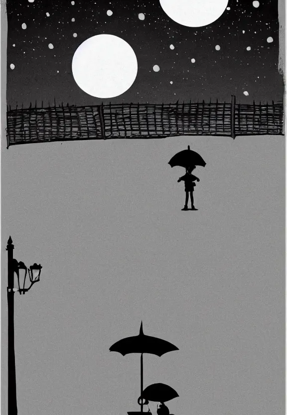 Image similar to little boy holding an umbrella in front of a bar at night, full moon, anime style, minimalist, black and white artwork,