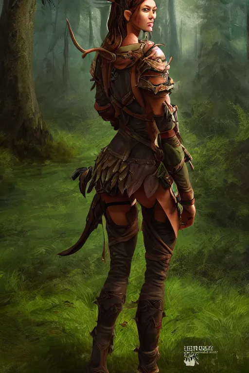Prompt: Forest hunter lady, brown leather armor, green background, looking from behind, looking at camera, epic, high fantasy, trending on artstation, artstationHD, artstationHQ, cgsociety, octane, HD 16K