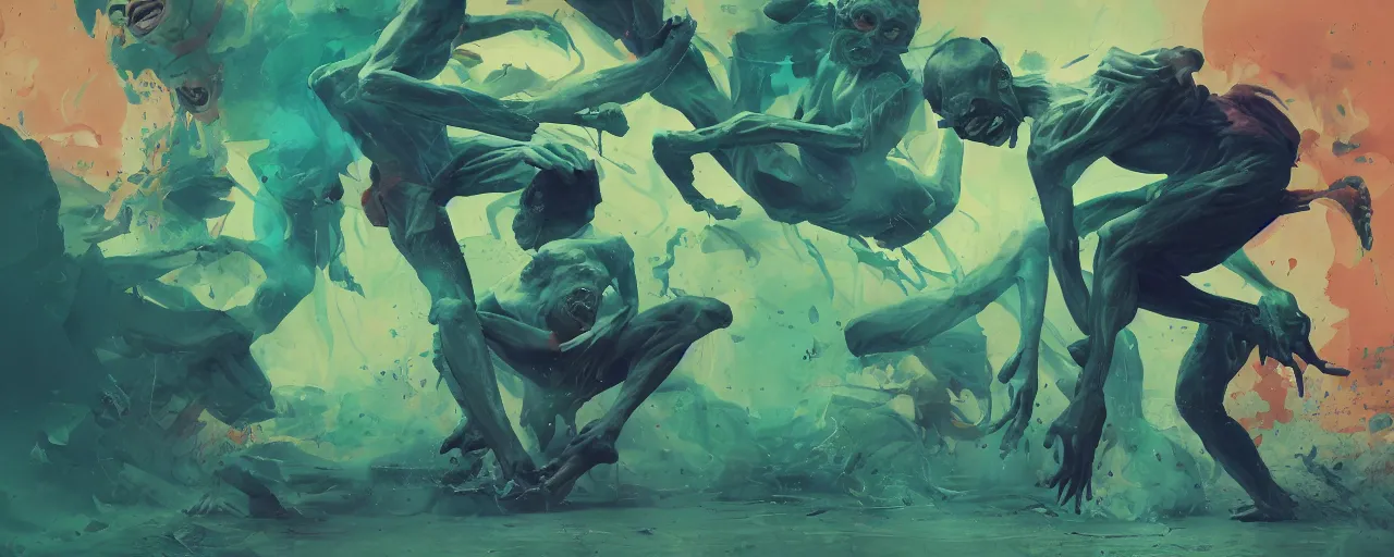 Image similar to duotone green blue illustration 3 / 4 portrait of gollum dancing like crazy. dynamic chaotic composition accidental renaissance golden ratio. by sachin teng and sergey kolesov and ruan jia and heng z. graffiti art, scifi, fantasy, hyper detailed. octane render. concept art. trending on artstation