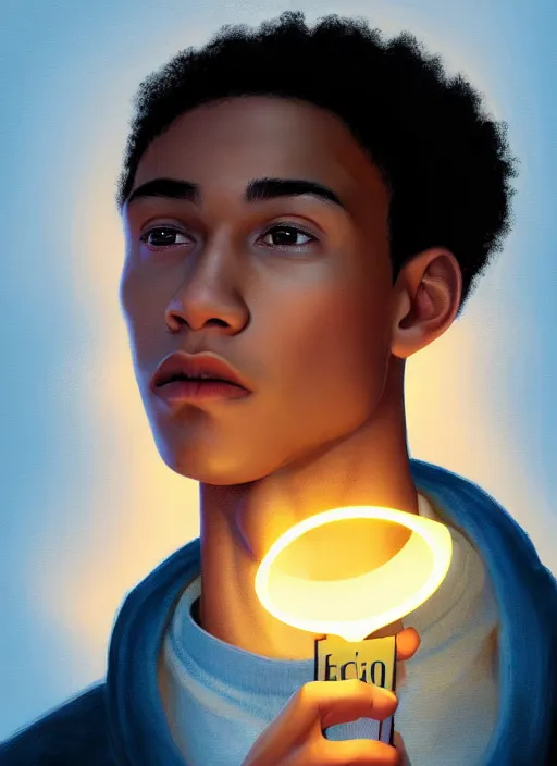 Image similar to portrait of chuck clayton, lightskin black teenage boy, very short curly hair, very short hair, short hair, strong jawline, square jaw, slight smile, reading archie comic, intricate, elegant, glowing lights, highly detailed, digital painting, artstation, concept art, smooth, sharp focus, illustration, art by wlop, mars ravelo and greg rutkowski