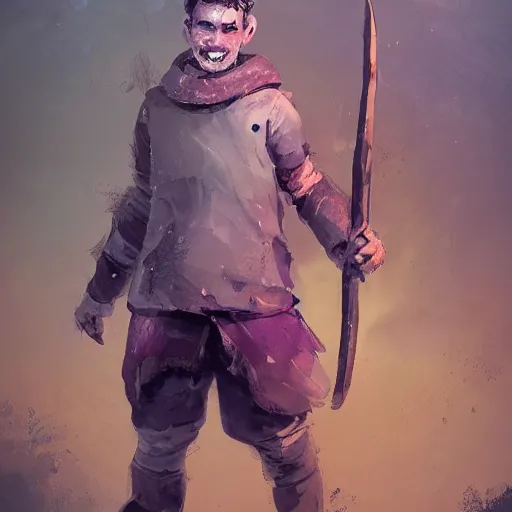 Image similar to duergar male child character portrait with pale purple skin, by Ismail Inceoglu, shabby clothes, leather pouch, wielding knife, grinning, youthful, dungeons and dragons, digital art, art