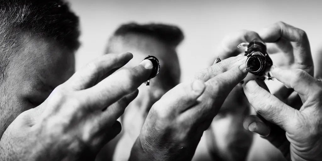 Image similar to dslr a man removing a nail from his third eye, 5 0 mm f 1. 8