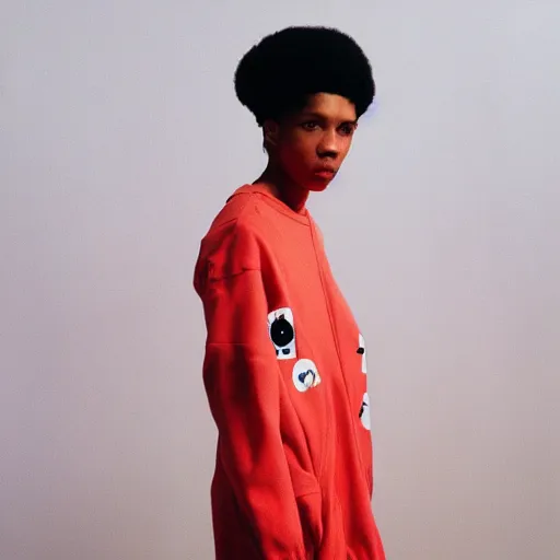 Prompt: realistic photoshooting for a new comme des garcons lookbook, color film photography, close up, photo of a woman, photo in style of tyler mitchell, 3 5 mm,