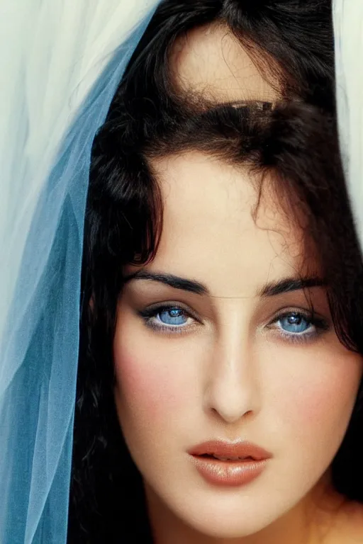 Image similar to young arab Monica Bellucci, blue eyes, long wavy black hair, white veil, closeup, focus, colored, middle eastern