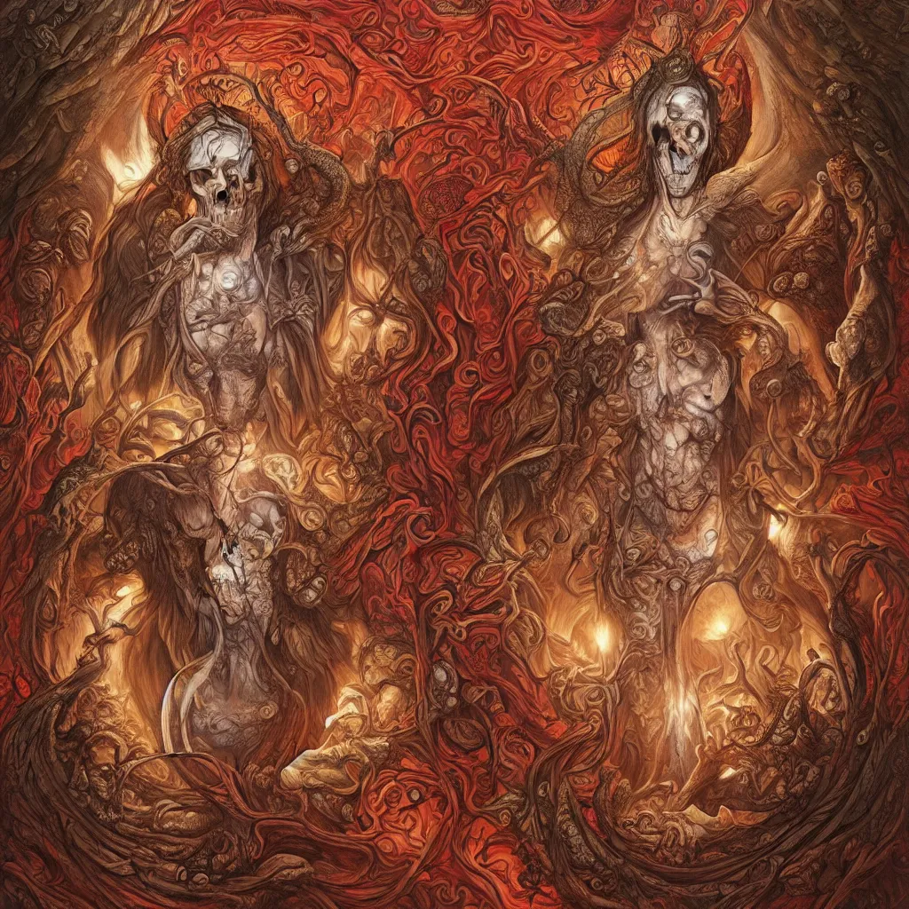 Prompt: A beautiful detailed orixa, tarot card, by tomasz alen kopera and Justin Gerard, symmetrical features, magical realism, texture, intricate, ornate, royally decorated, skull, skeleton, whirling smoke, embers, red adornements, red torn fabric, radiant colors, fantasy, trending on artstation, volumetric lighting, micro details, 3d sculpture, ray tracing, 8k, anaglyph effect