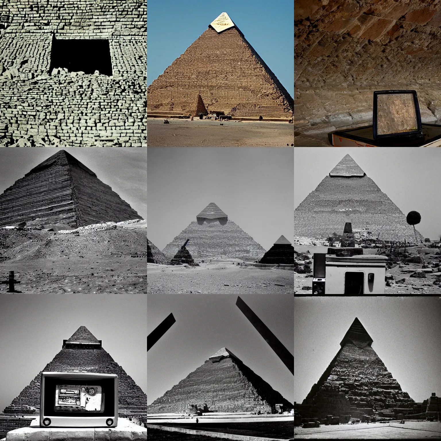 Prompt: Old TV instead of Cheops pyramid, photo