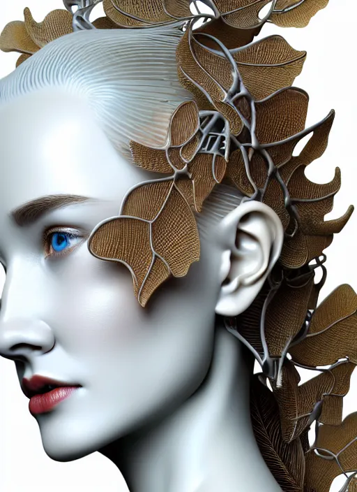 Prompt: complex 3d render ultra detailed of a beautiful porcelain translucent profile woman face, biomechanical ultradetailed cyborg, 150 mm, beautiful natural soft light, rim light, silver gold details, magnolia big leaves and stems, roots, fine foliage lace, maze like, mesh wire, ornate, intricate details, hyperrealistic, mandelbrot fractal, anatomical, red lips, white metal neocubism armor, facial muscles, cable wires, microchip, elegant, octane render, H.R. Giger style, 8k