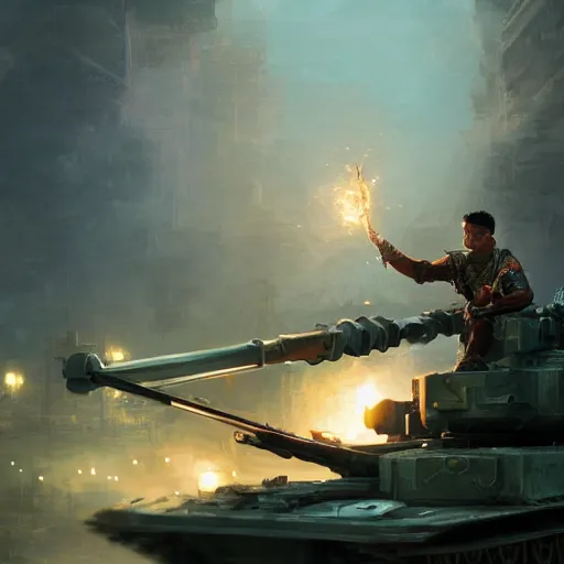 Image similar to a filipino man sitting on a tank holding a scepter and eating popcorn, fantasy, digital painting, volumetric light, intricate, sharp, focus, bloom, illustration, highly detailed, concept art, matte, ruan jia, randy vargas, greg rutkowski