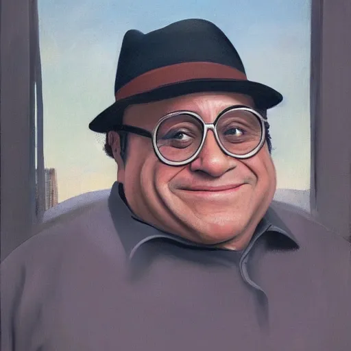 Prompt: Danny Devito as a cab driver by Raphael, Hopper, and Rene Magritte. detailed, romantic, enchanting, trending on artstation.