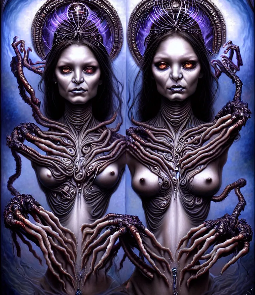 Image similar to A beautiful detailed alien goddess woman with 6 arms super dark tarot card, gorgeous model face by Stanley Artgerm, by tomasz alen kopera and Justin Gerard, 4 eyes, beautiful symmetrical features, ominous, magical realism, melting, texture, intricate, ornate, royally decorated, melting, whirling smoke, embers, purple adornments, blue torn fabric, radiant colors, fantasy, trending on artstation, volumetric lighting, micro details, 3d sculpture, ray tracing, 8k, anaglyph effect