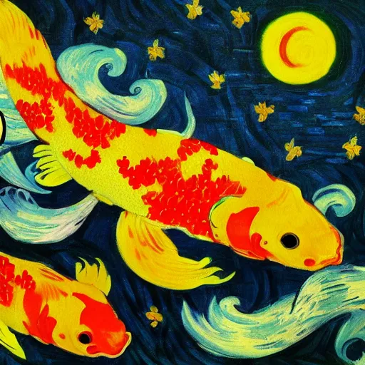 Prompt: Koi fish in the style of Starry Knight by Vincent van Gogh