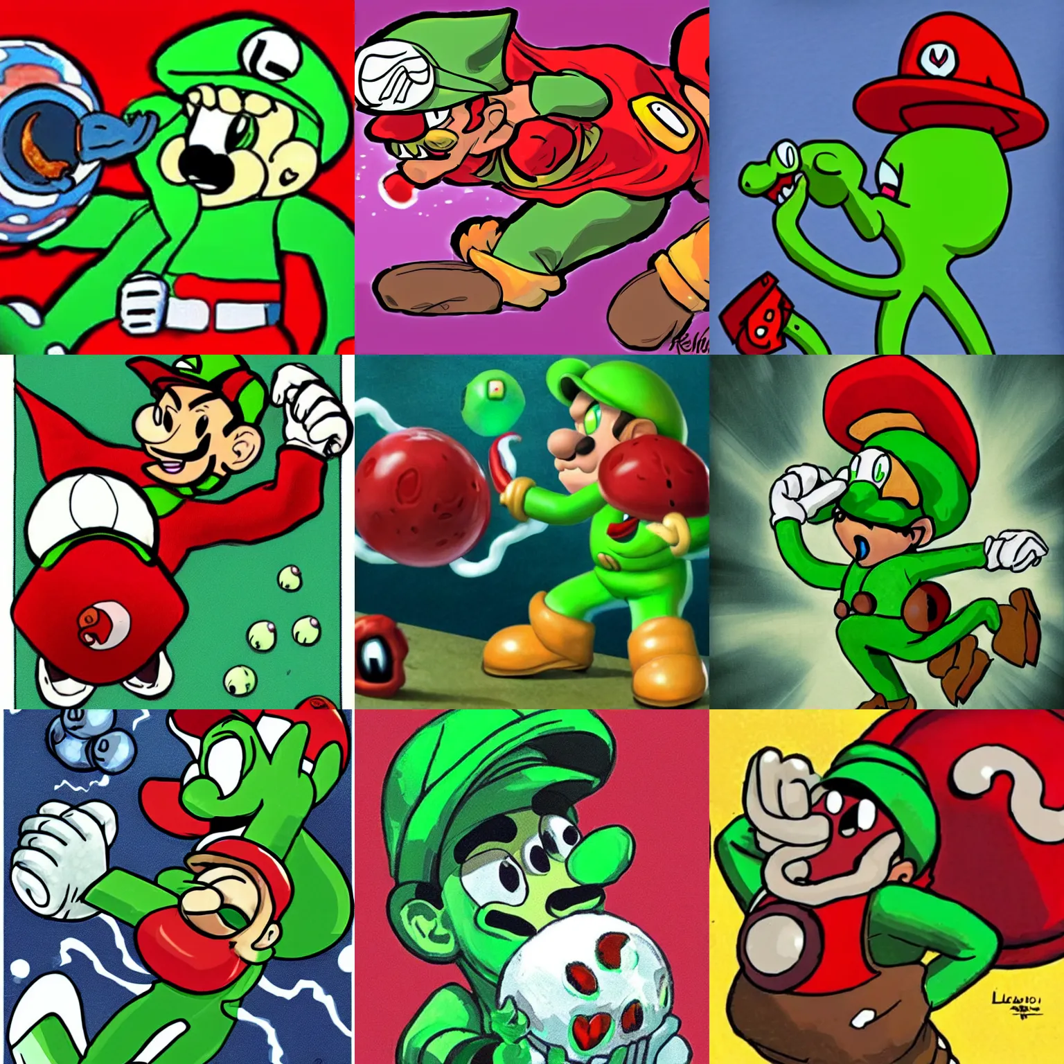 Prompt: lovecraftian horror cthulu throwing red shells at luigi