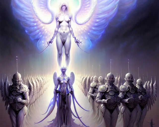 Image similar to the army of white light and angels, fantasy character portrait made of fractals facing each other, ultra realistic, wide angle, intricate details, the fifth element artifacts, highly detailed by peter mohrbacher, hajime sorayama, wayne barlowe, boris vallejo, aaron horkey, gaston bussiere, craig mullins