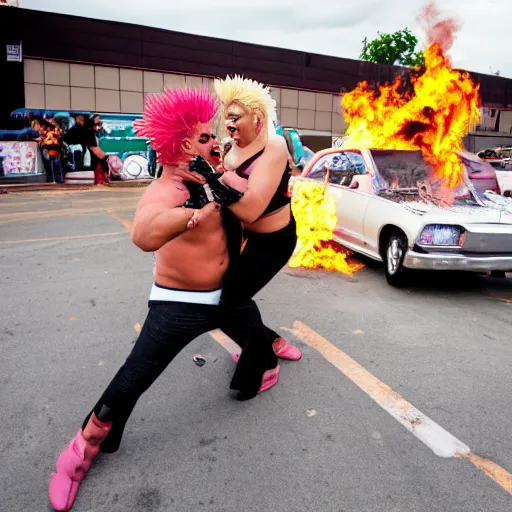 Image similar to guy fieri wrestling a drag queen in a parking lot, bystanders cheering, car on fire in the background, action, high resolution photograph, 4 k,